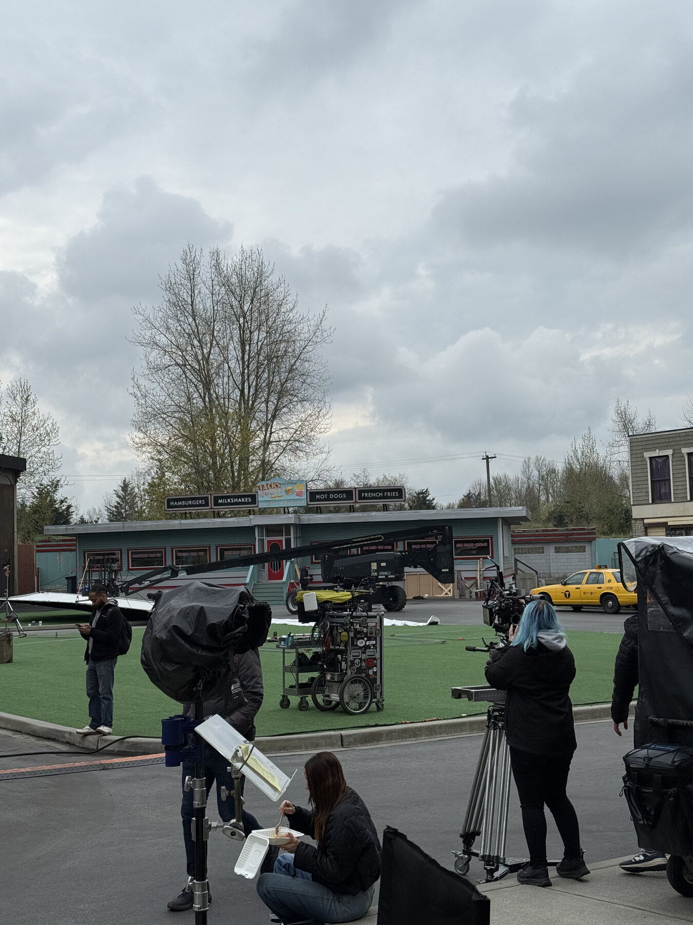 Outdoor scenery and production crew filming The Christmas Loop